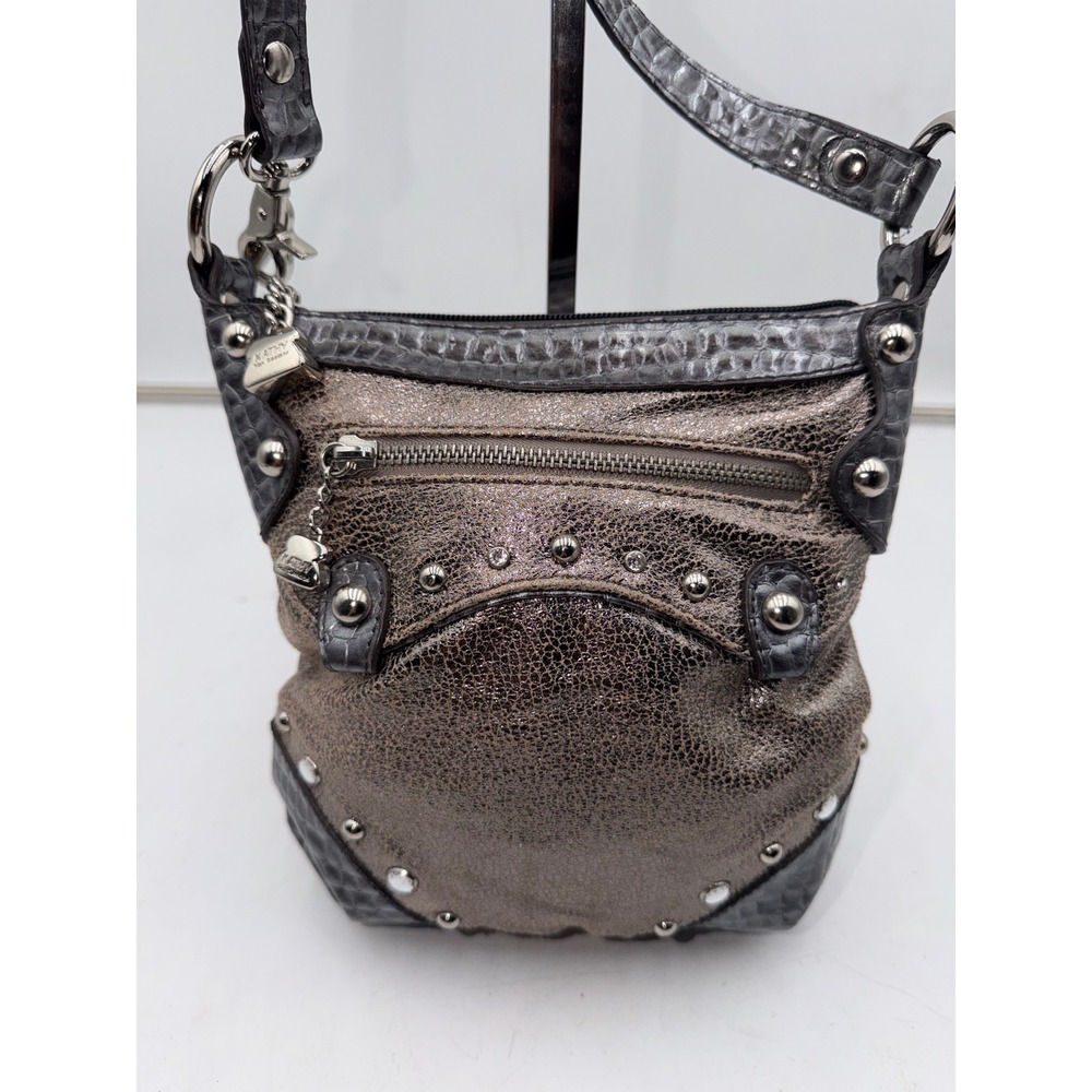 Kathy Van Zeeland Metallic Bronze Faux Croc Studded Crossbody Bag Grey Trim
